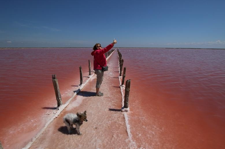 A woman takes a selfie at a salt production site on the bed of a drained area of the Sasyk-Sivash lake near the city of Yevpatoria, Crimea. REUTERS/Alexey Pavlishak